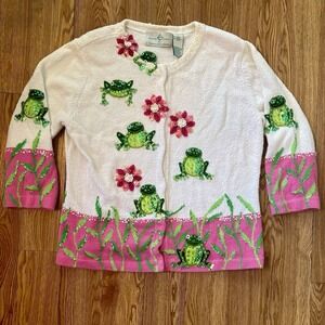 Design Options By Phillip &‎ Jane Gordon VTG Frog Sweater With Beaded Flowers M